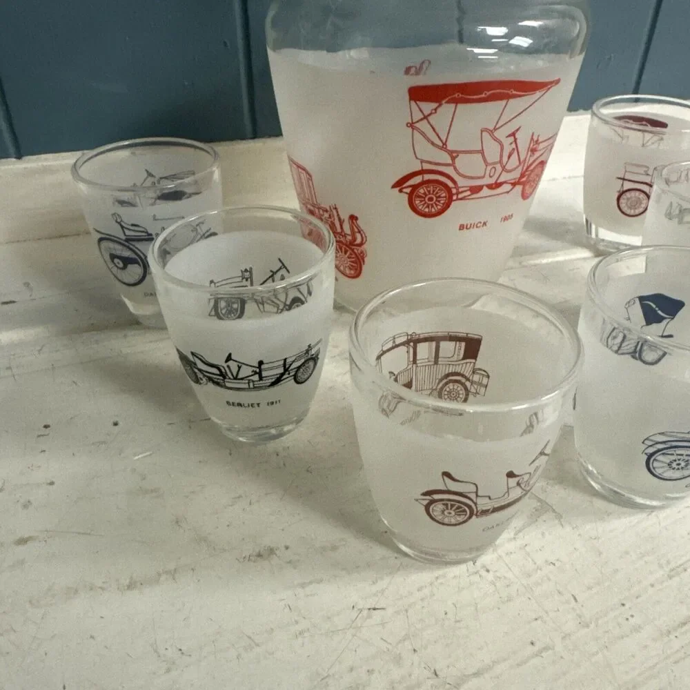 Vtg CAR Decanter Multi Color 6 Shot Glass Set Service‎ Liqueur Luminarc France